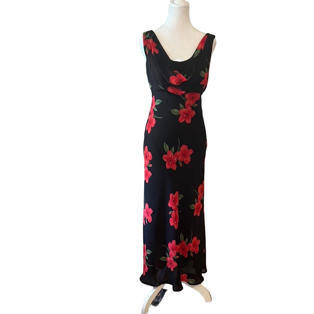 BETSY & ADAM Women's Red/Black Floral w/rhinestones sleeveless SZ 6 Maxi Dress - Picture 2 of 13